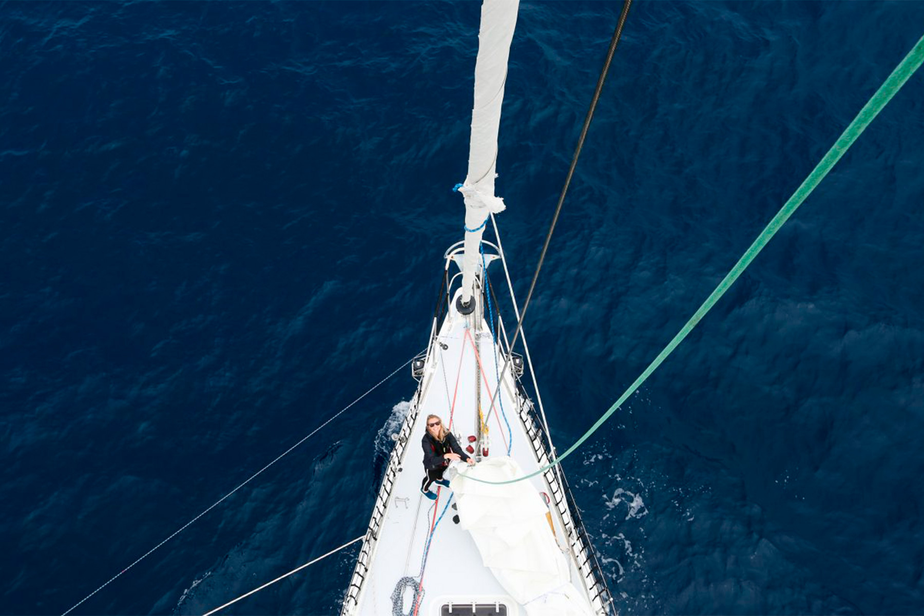 looking down on the bow of the S.V. Traveledge, photographed by Eleanor Church Lark Rise Pictures