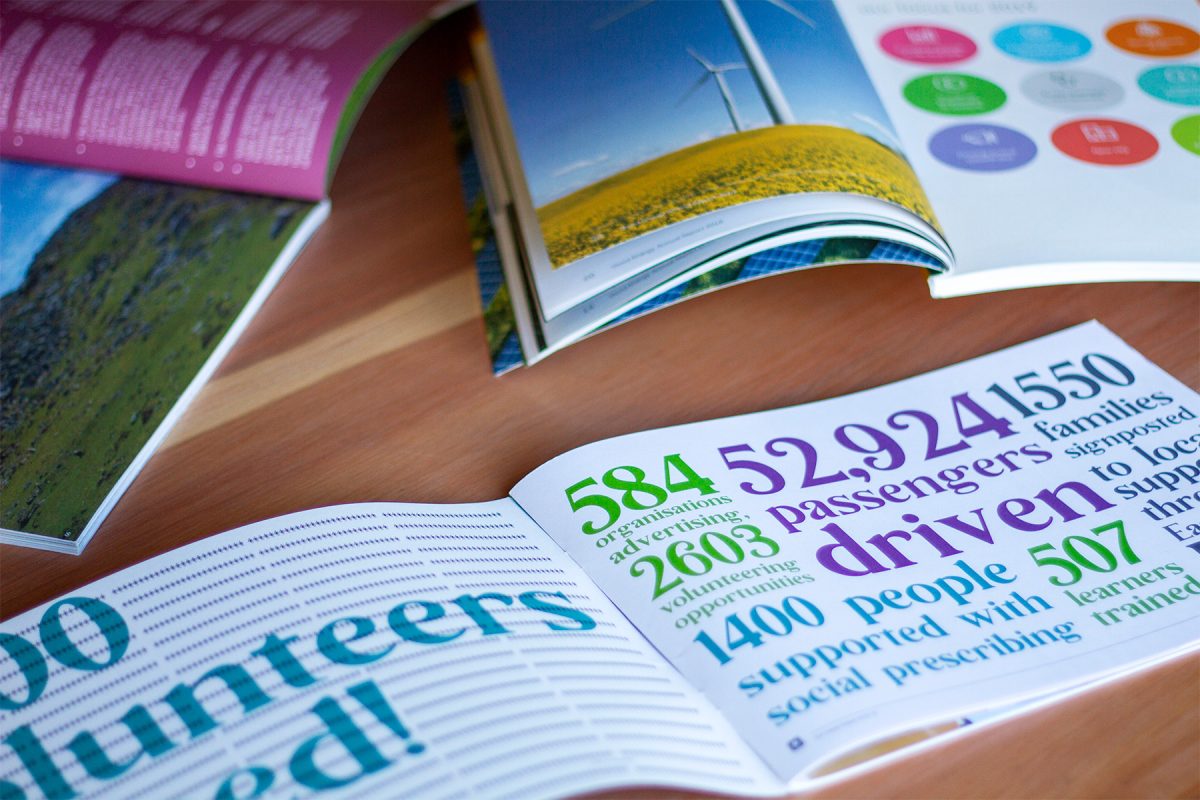 impact reports produced by leap design laid out on a table