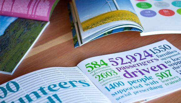 impact reports produced by leap design laid out on a table
