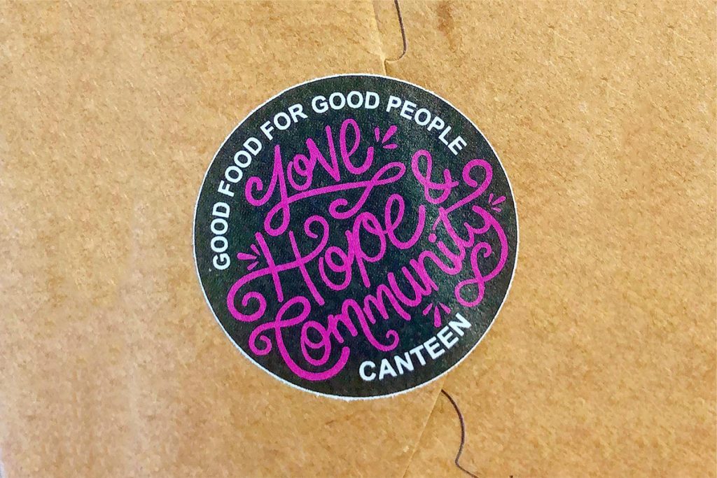 love hope and community sticker deigned by leap for canteen cornwall's project to feed nhs staff