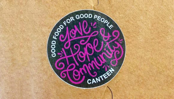 love hope and community sticker deigned by leap for canteen cornwall's project to feed nhs staff