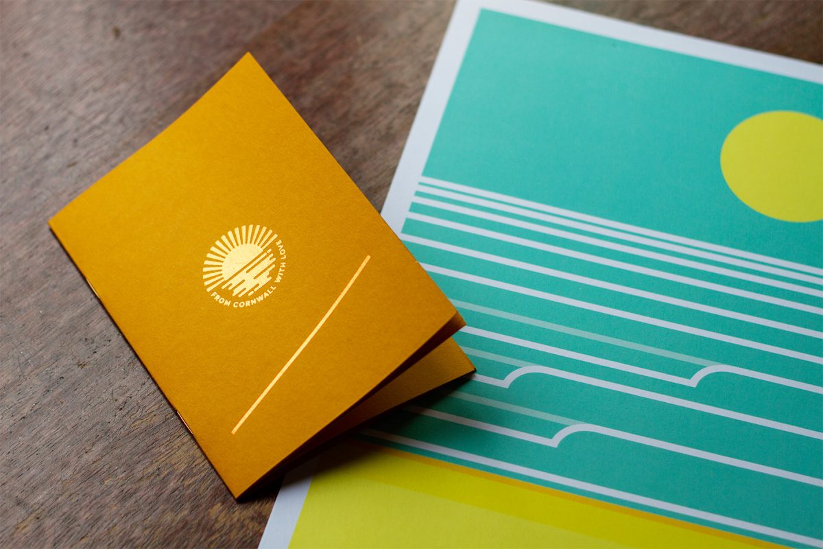 cover of from cornwall with love booklet and illustration designed by Matt Hocking at Leap with foiled metallic logo