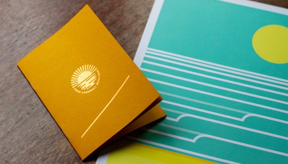 cover of from cornwall with love booklet and illustration designed by Matt Hocking at Leap with foiled metallic logo