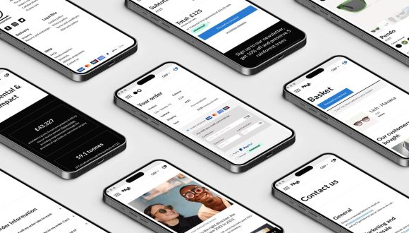 A mockup of mobile phones showing multiple pages of the Pala Eyewear website
