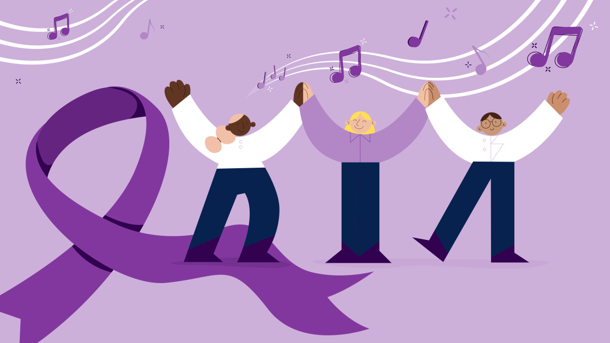 Stylised illustration in purple tones of people singing for the brain. Alzheimers society ribbon in the foreground