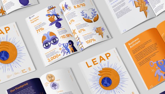 A mockup of layout spreads from the Leap 2021-2022 impact report