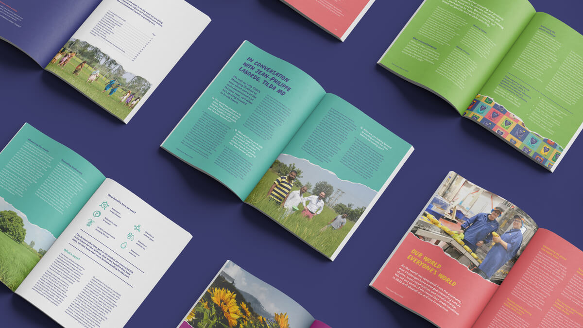 Collection of spreads from Tilda's 2022 impact report, designed and produced by Leap.
