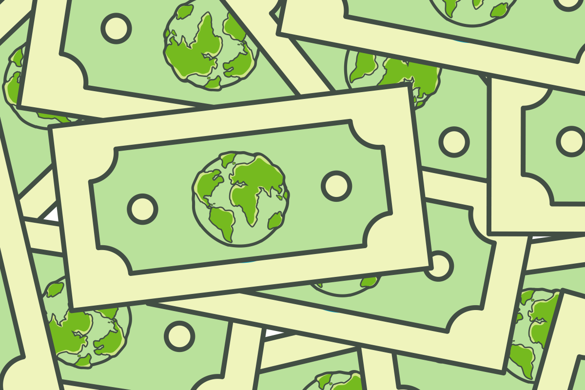 Illustration of green dollar bills all with the earth symbol in the middle of the dollar, representing finance for good