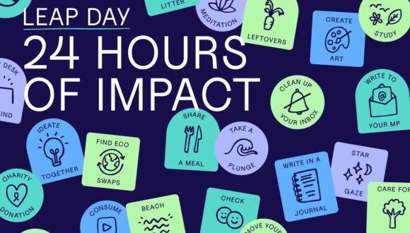 "Leap day, 24 hours of impact" surrounded by achievement badges