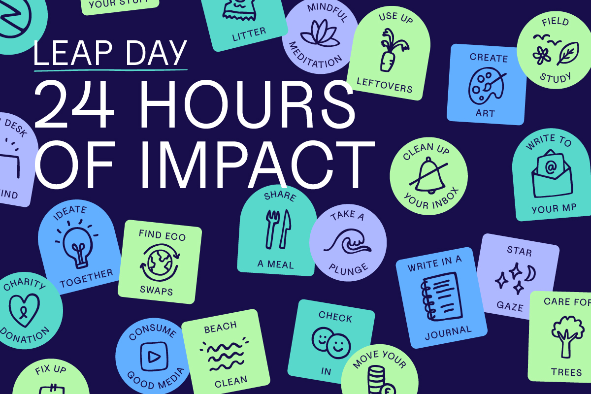 "Leap day, 24 hours of impact" surrounded by achievement badges