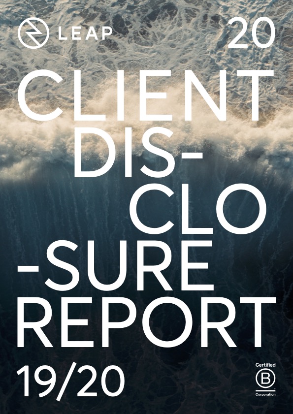 Front cover of the Leap client disclosure report 2019 to 2020