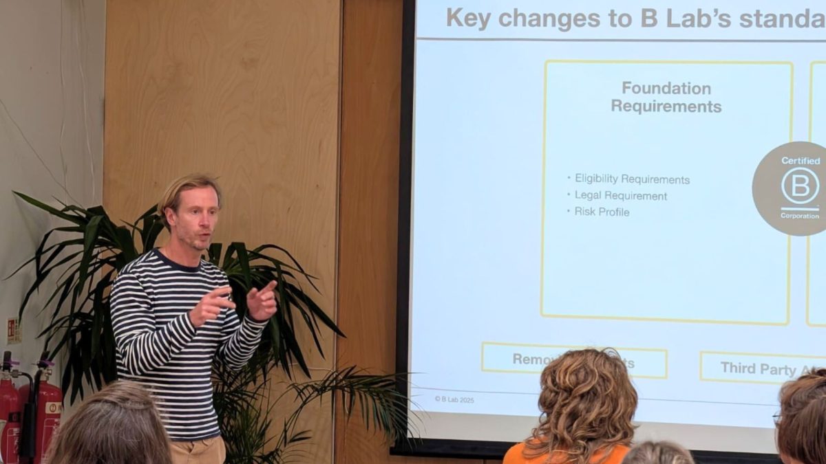 Simon presenting new B Corp standards to a room full of people at a B Local event at the Lost Gardens of Heligan