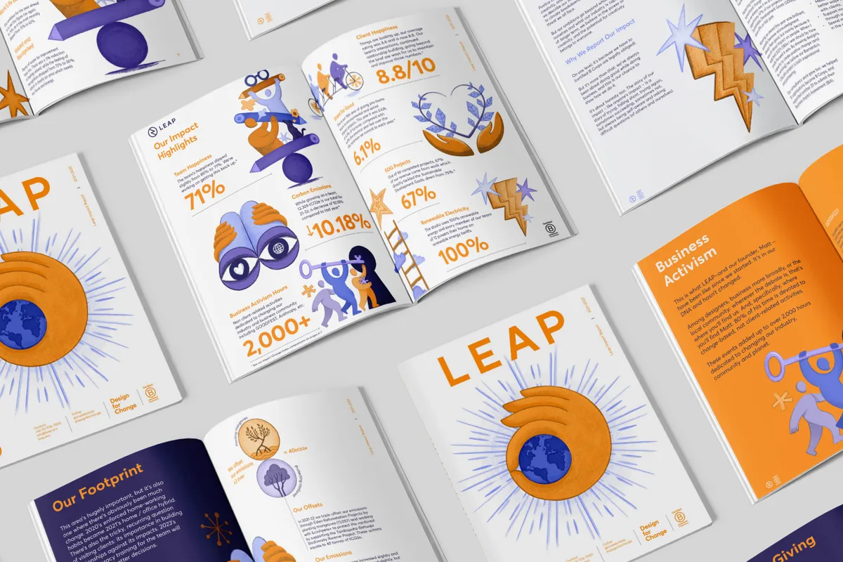 A mockup of layout spreads from the Leap 2021-2022 impact report