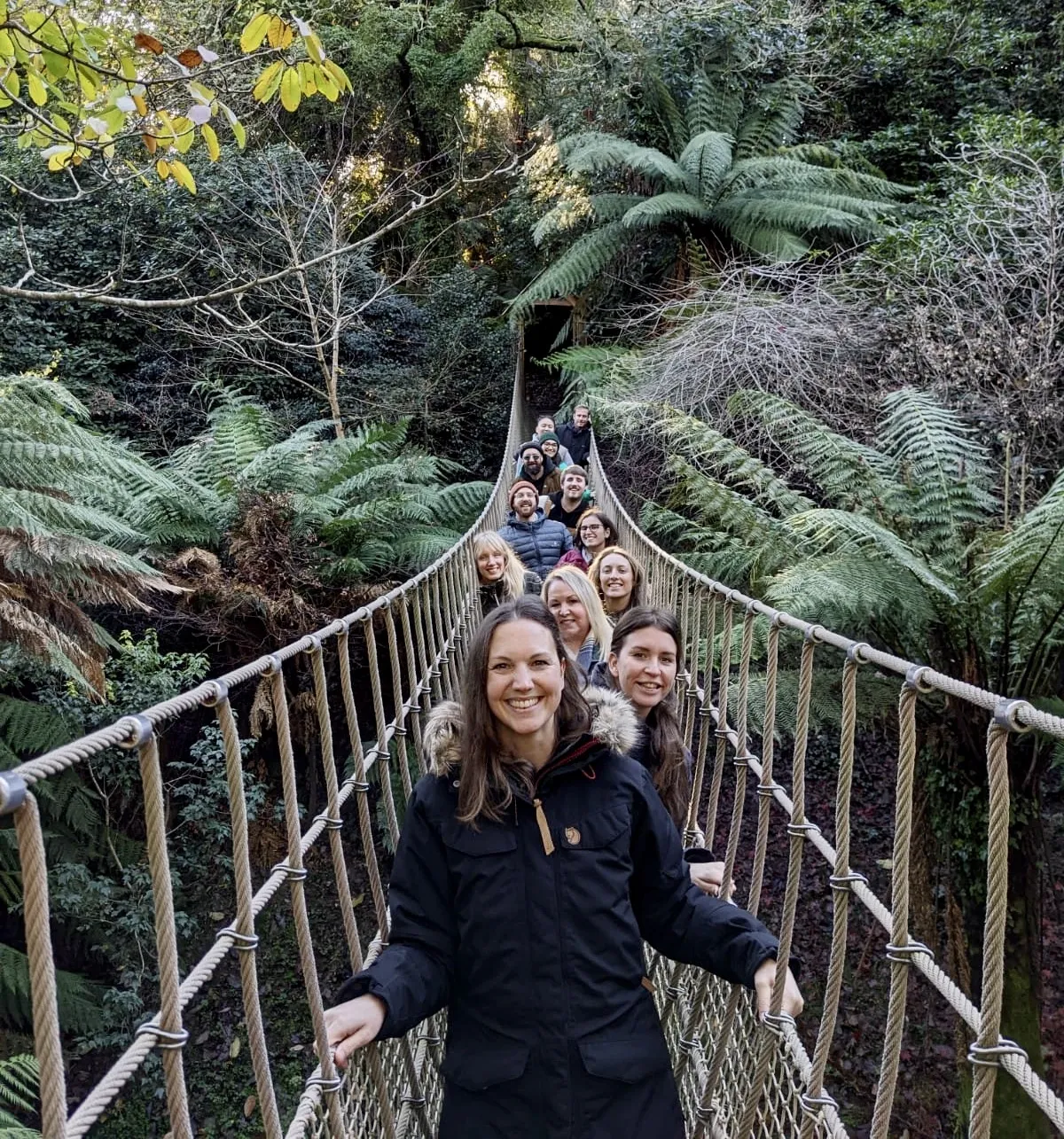 The leap team on the rope bridge at Heligan gardens. 2022 team away day
