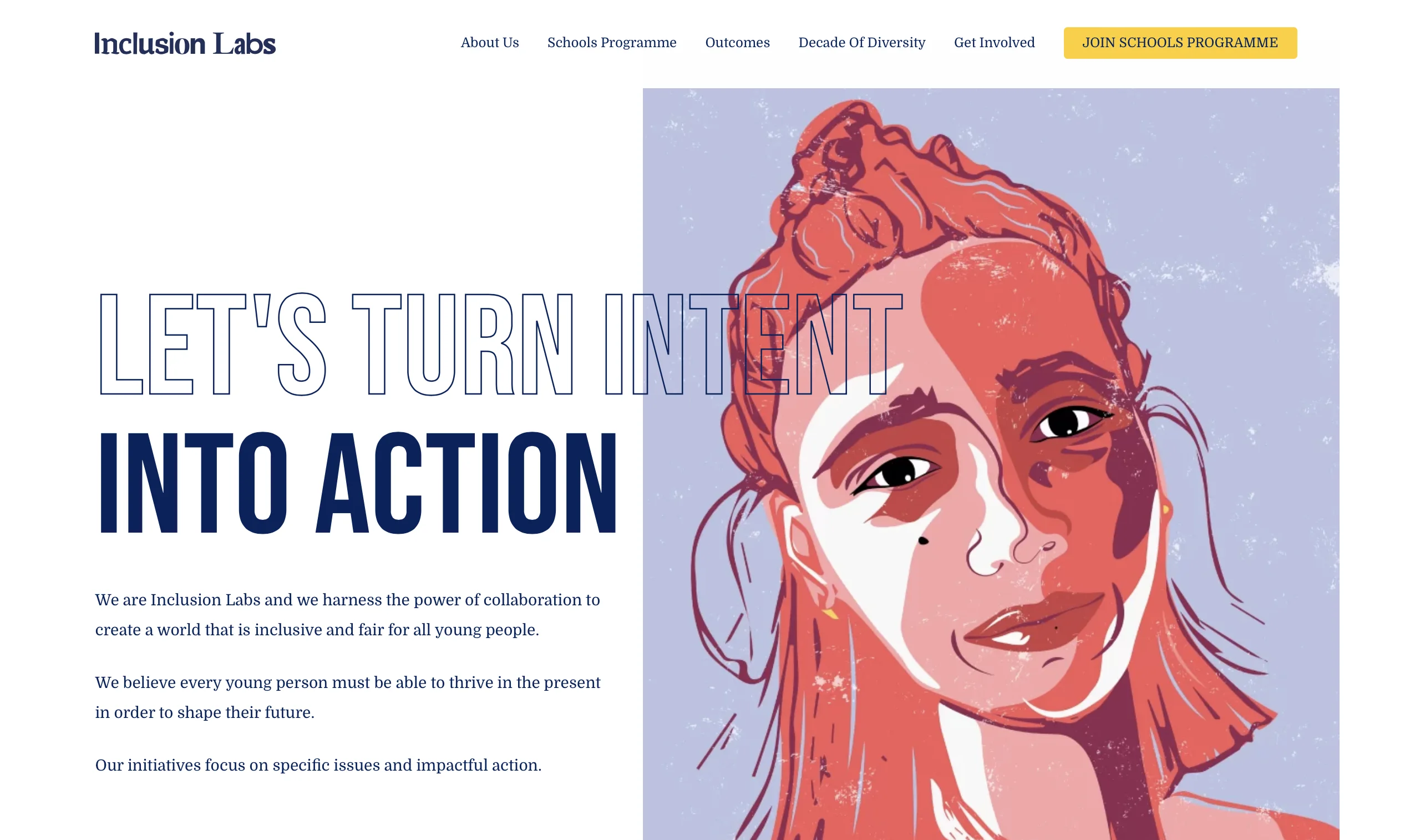 Landing page for Inclusion Labs featuring a large illustrated portrait of a young woman in warm colours.