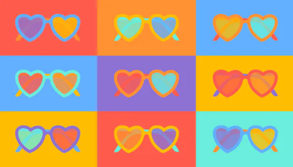illustration with grid of rainbow coloured heart-shaped glasses