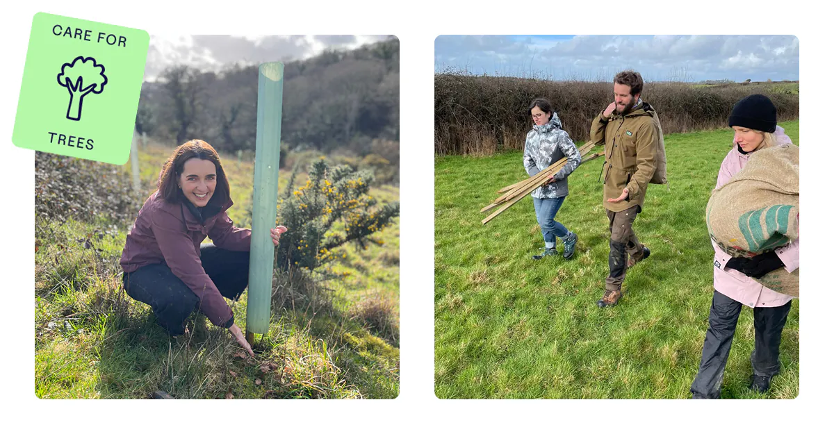 people supporting tree saplings in a field